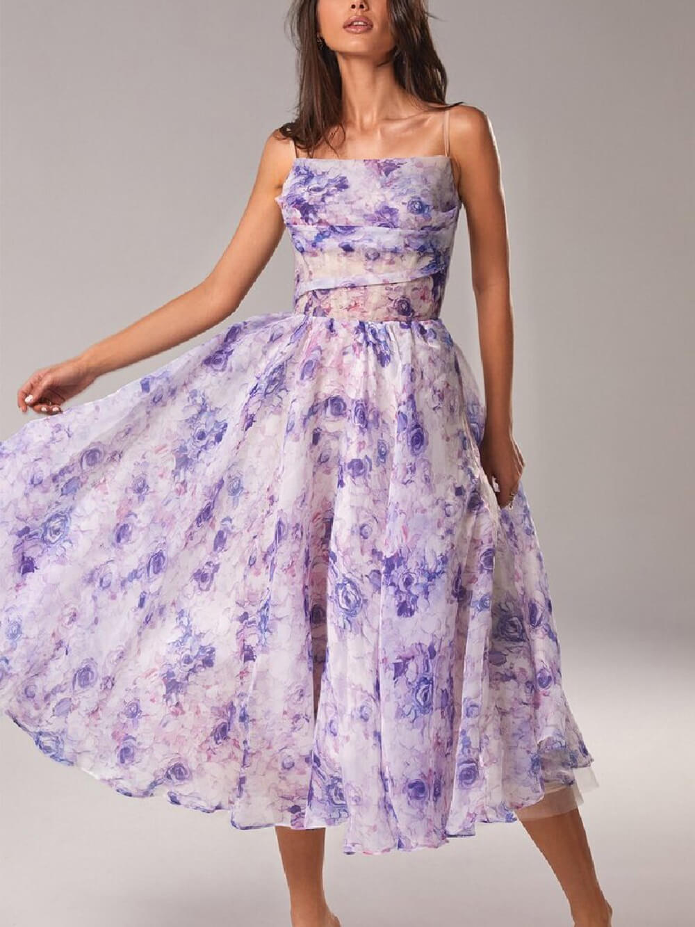 Robe midi évasée à bretelles fleuries