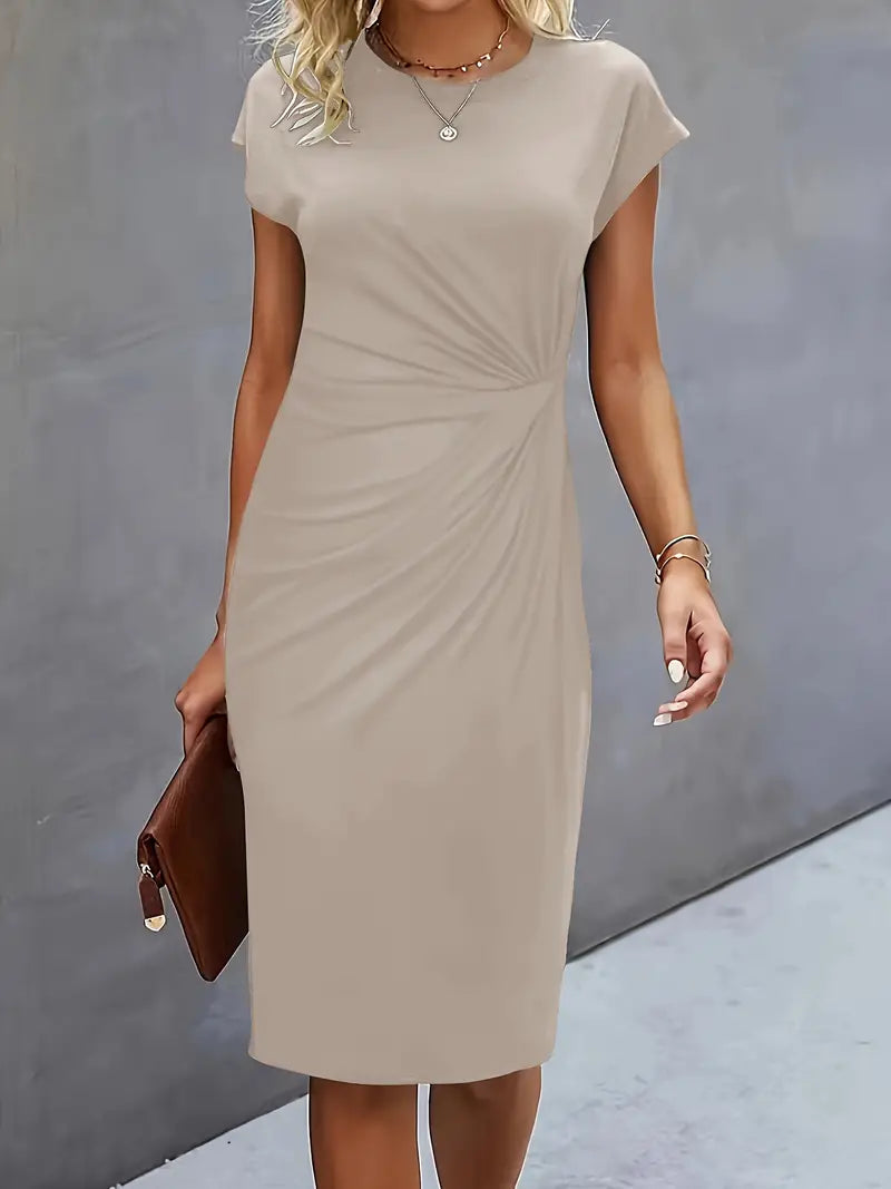 Robe midi ajustée col rond manches courtes pour femme