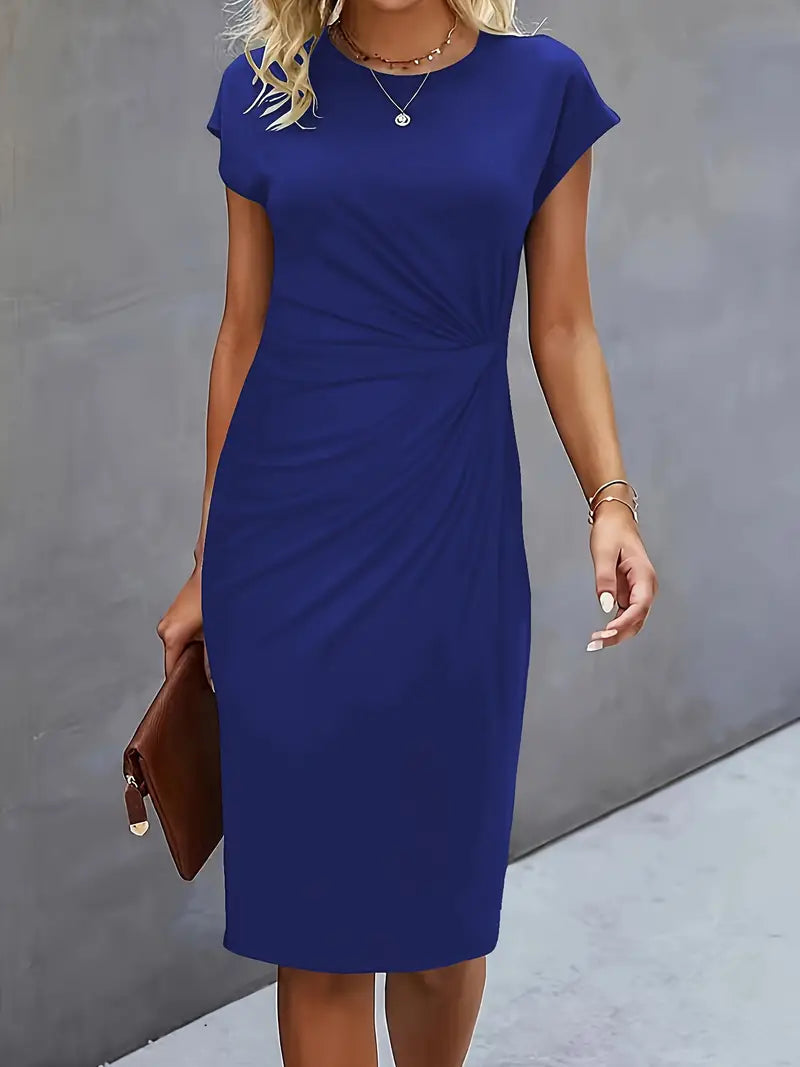 Robe midi ajustée col rond manches courtes pour femme