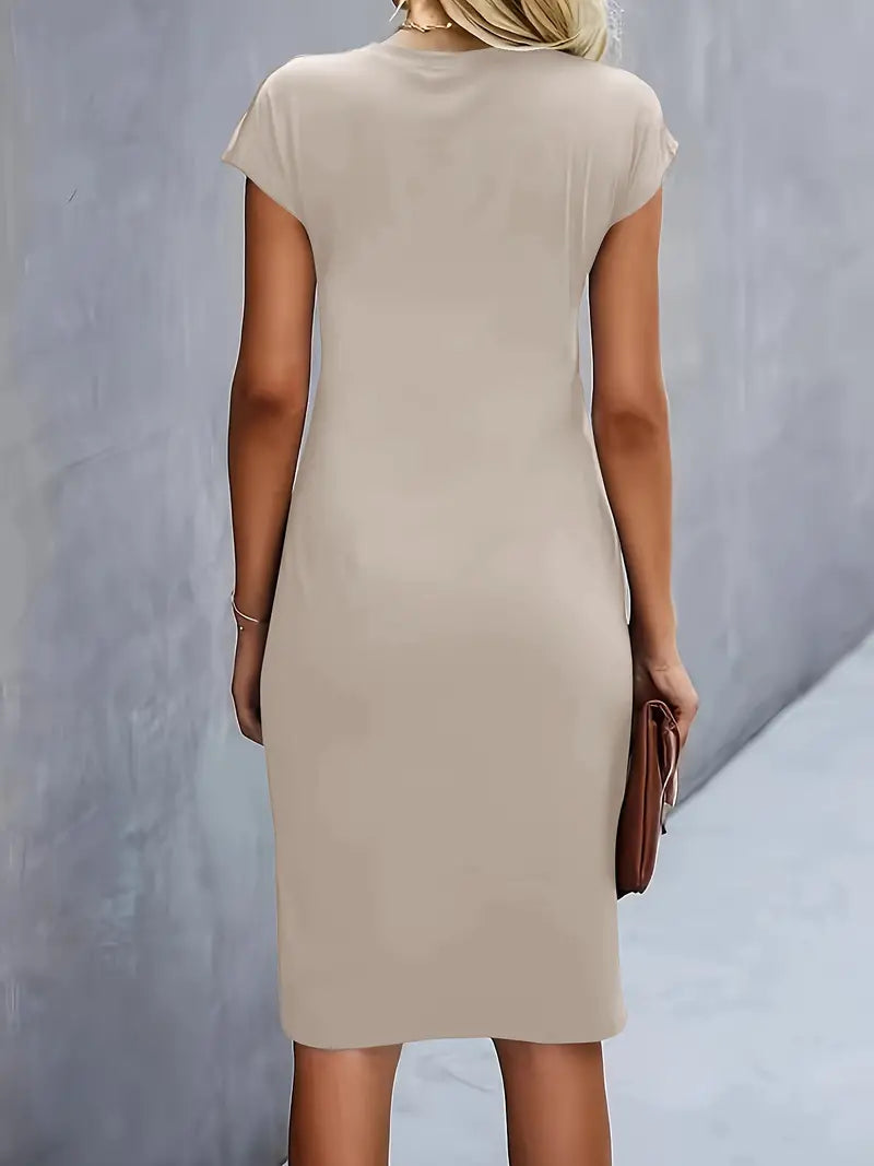 Robe midi ajustée col rond manches courtes pour femme