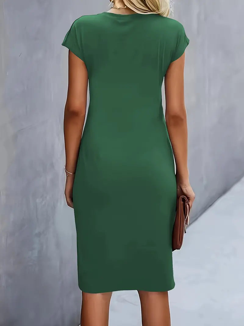 Robe midi ajustée col rond manches courtes pour femme