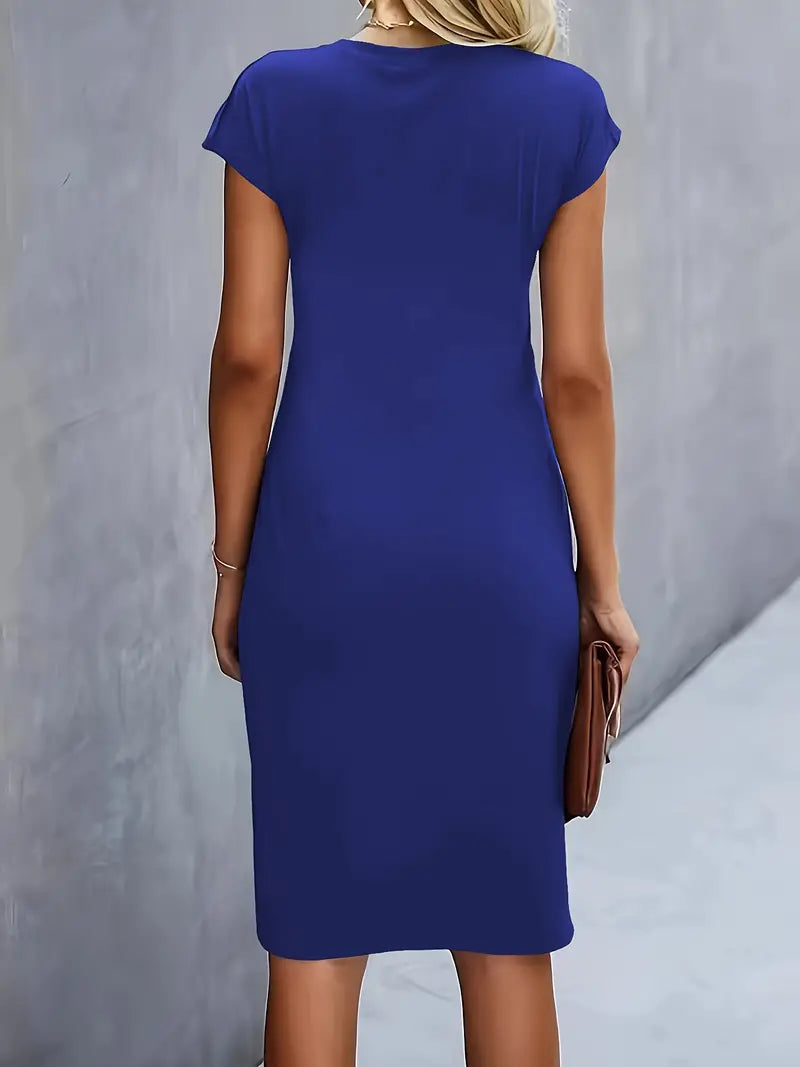Robe midi ajustée col rond manches courtes pour femme
