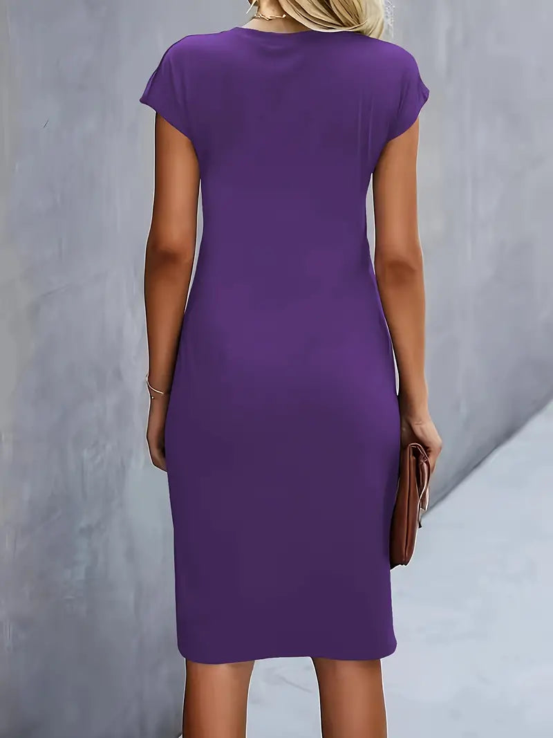 Robe midi ajustée col rond manches courtes pour femme