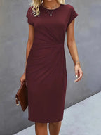 Robe midi ajustée col rond manches courtes pour femme