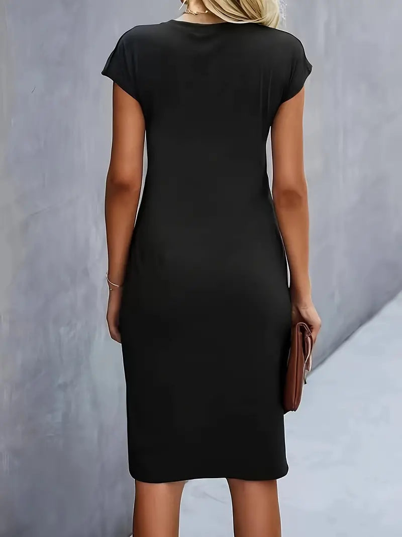 Robe midi ajustée col rond manches courtes pour femme