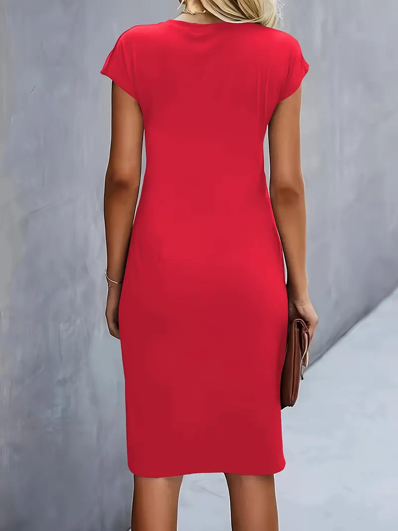 Robe midi ajustée col rond manches courtes pour femme
