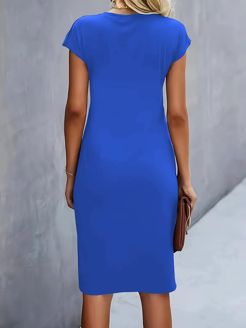 Robe midi ajustée col rond manches courtes pour femme