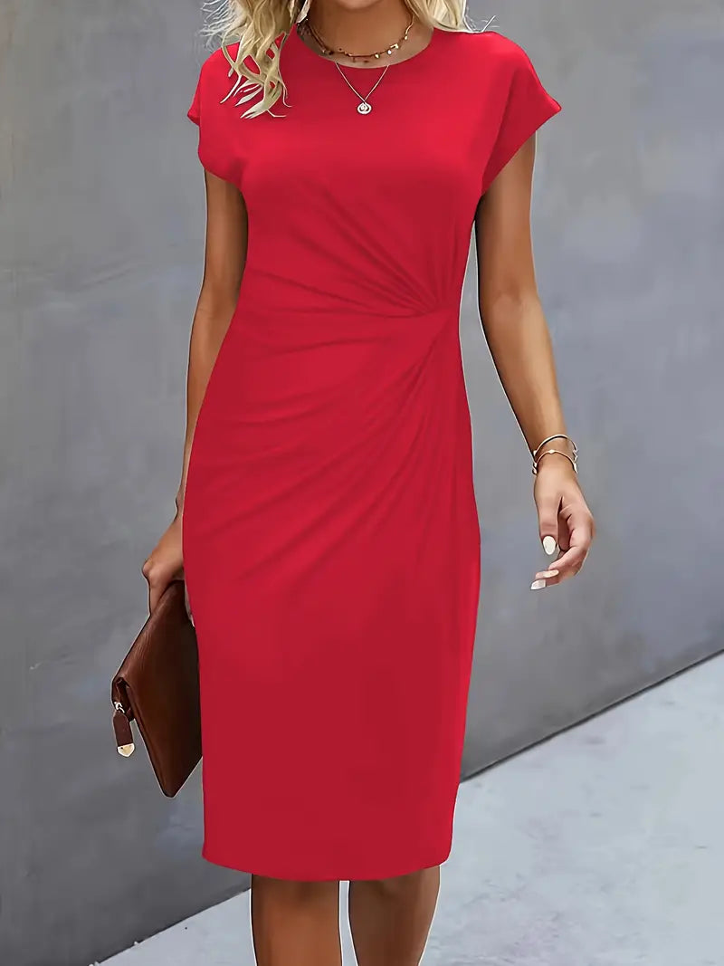 Robe midi ajustée col rond manches courtes pour femme