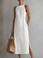 Robe midi brodée col montant avec fentes blanc pour femme