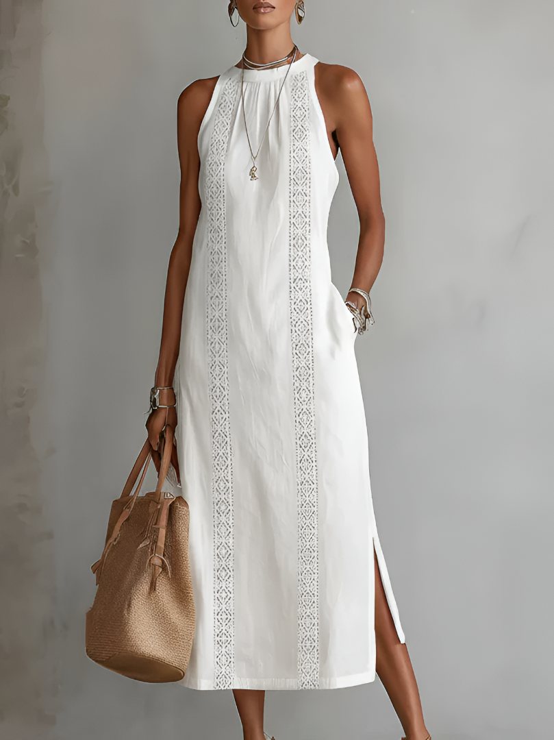 Robe midi brodée col montant avec fentes blanc pour femme