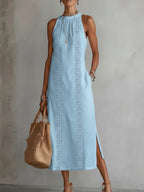 Robe midi brodée col montant avec fentes bleu pour femme