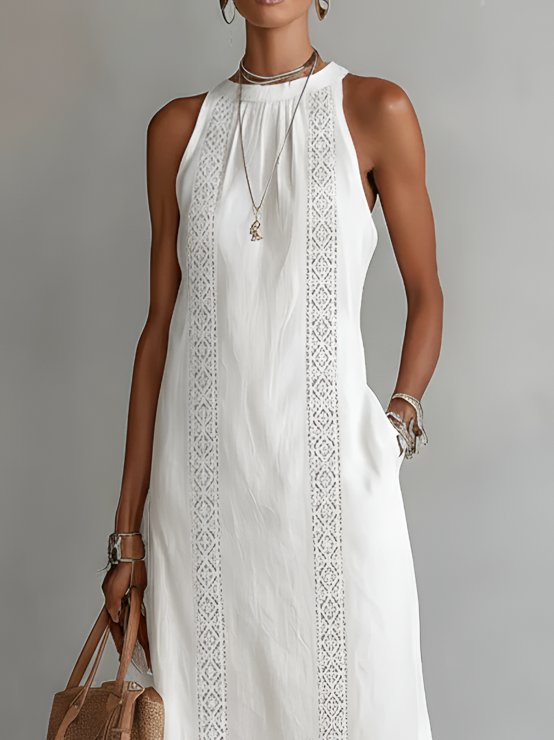 Robe midi brodée col montant avec fentes pour femme – vue 2