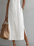 Robe midi brodée col montant avec fentes pour femme – vue 3