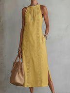 Robe midi brodée col montant avec fentes jaune pour femme