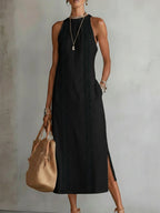 Robe midi brodée col montant avec fentes noir pour femme