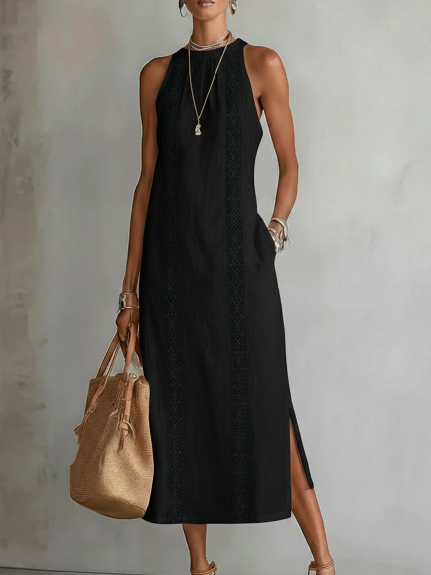 Robe midi brodée col montant avec fentes noir pour femme