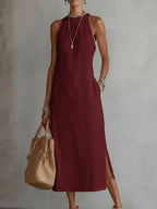 Robe midi brodée col montant avec fentes rouge pour femme