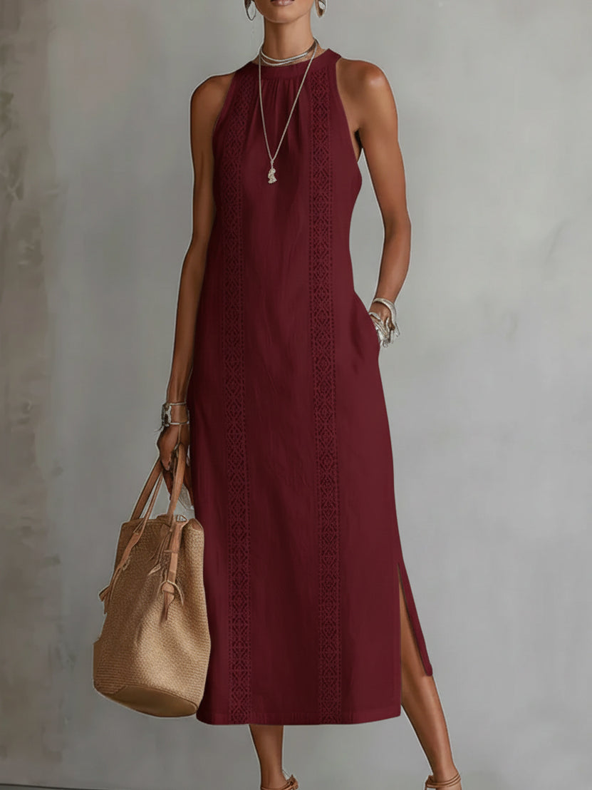Robe midi brodée col montant avec fentes rouge pour femme