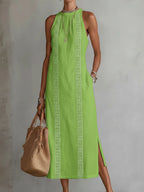 Robe midi brodée col montant avec fentes vert pour femme