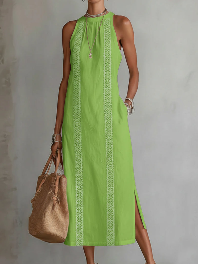 Robe midi brodée col montant avec fentes vert pour femme