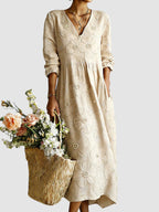 Robe midi brodée perles col V beige pour femme