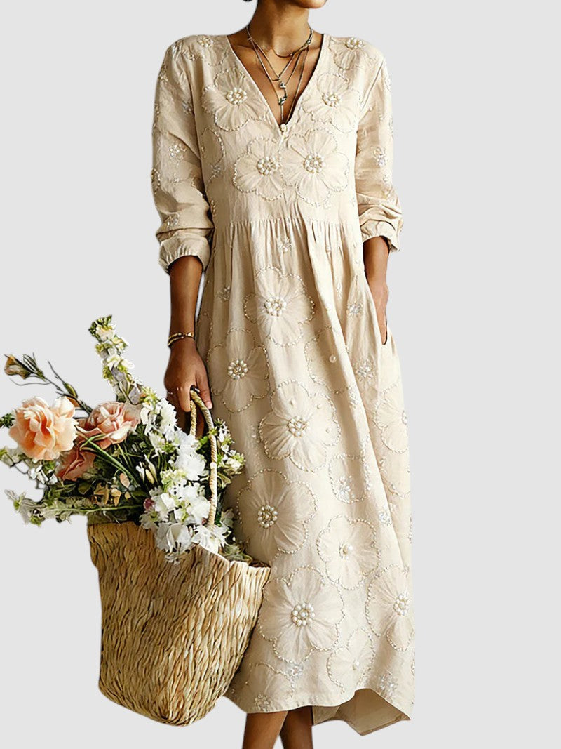 Robe midi brodée perles col V beige pour femme