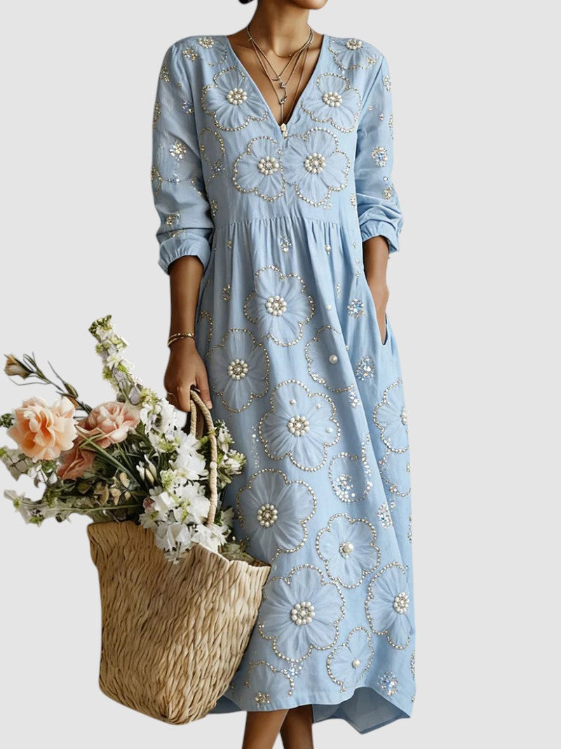 Robe midi brodée perles col V bleu pour femme