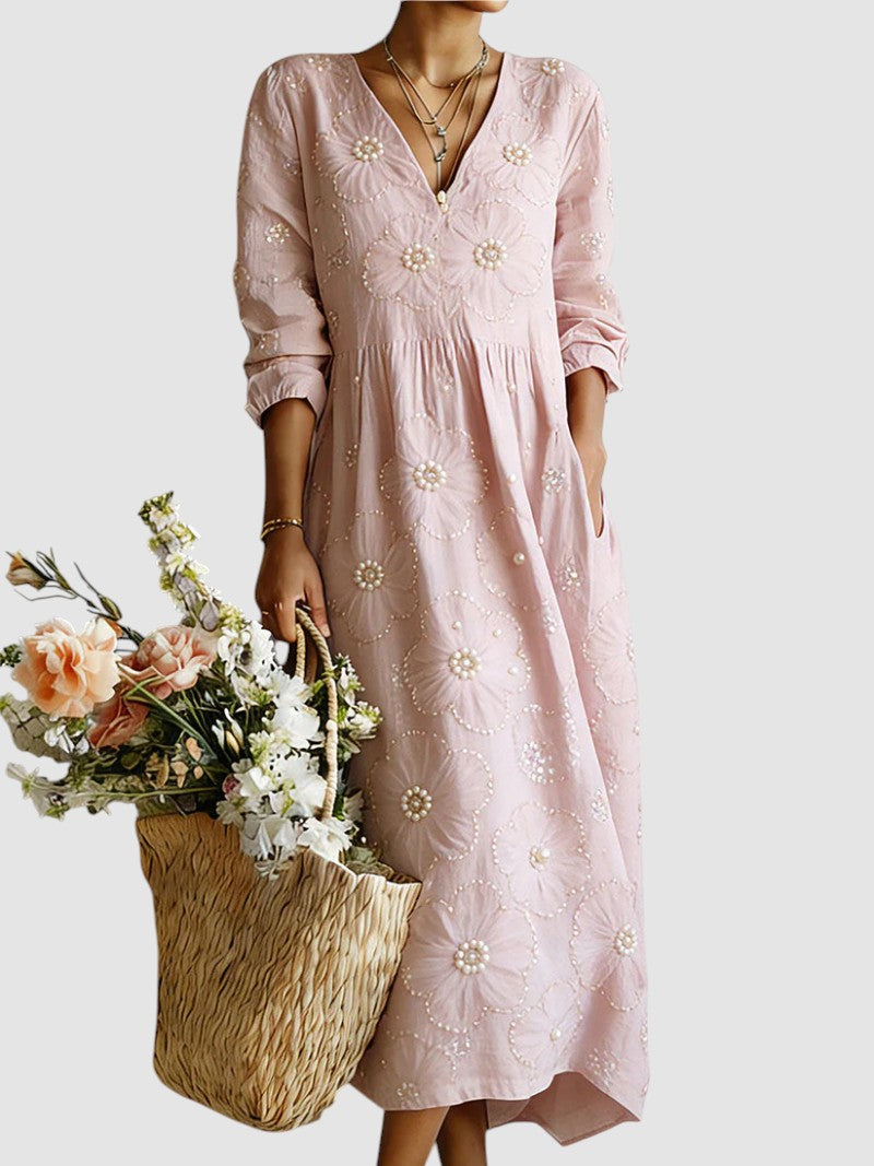 Robe midi brodée perles col V rose pour femme