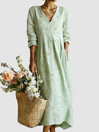 Robe midi brodée perles col V vert pour femme