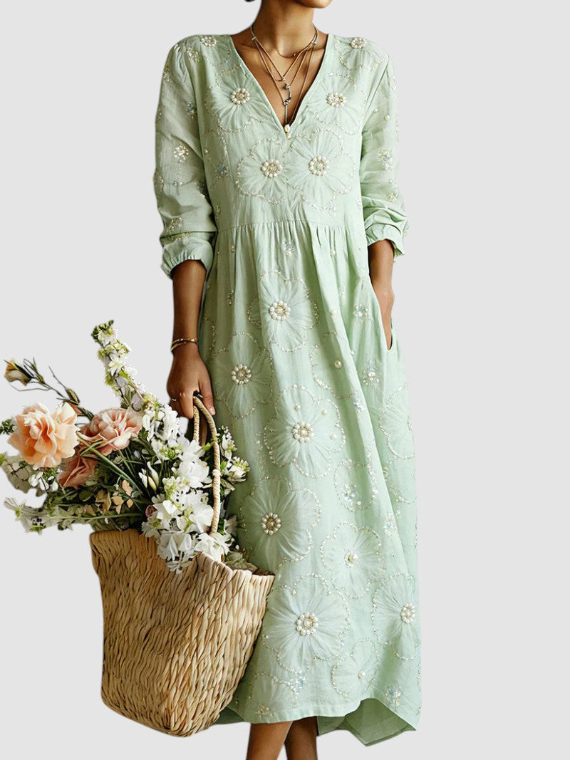Robe midi brodée perles col V vert pour femme