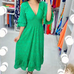 Robe midi broderie anglaise manches volants vert pour femme