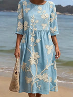 Robe midi à broderies florales et manches 3/4 pour femme