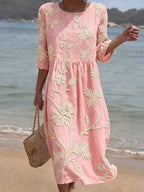 Robe midi à broderies florales et manches 3/4 pour femme