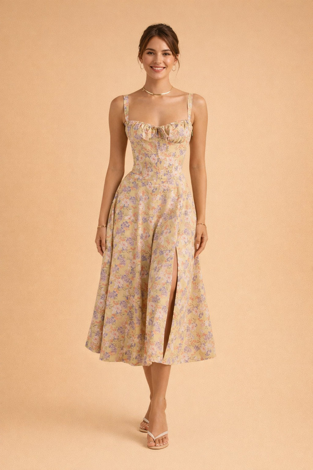 Robe midi bustier imprimé fleuri à fente pour femme