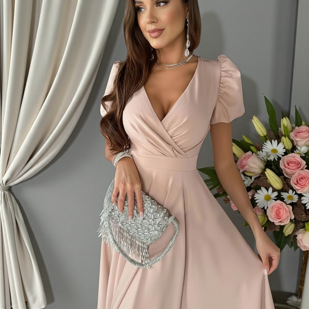 Robe midi cache-cœur manches bouffantes pour femme