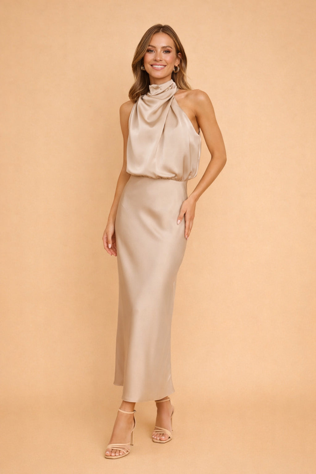 Robe midi col montant drapé beige pour femme