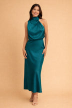 Robe midi col montant drapé niebiesko-zielony pour femme