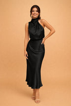 Robe midi col montant drapé noir pour femme