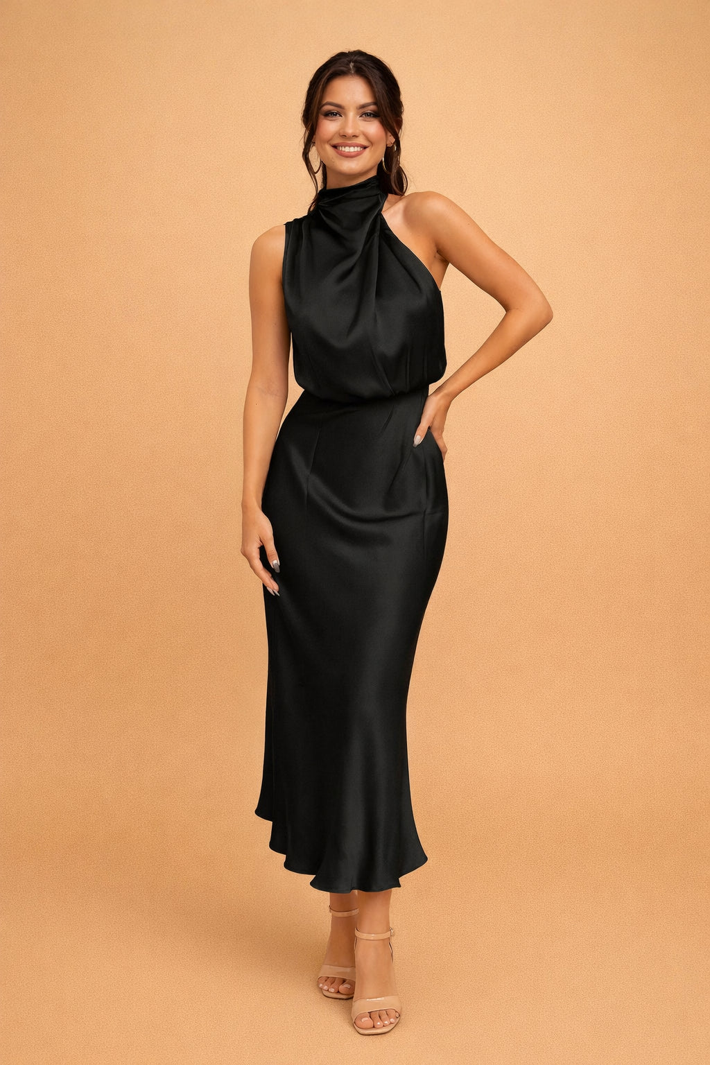Robe midi col montant drapé noir pour femme
