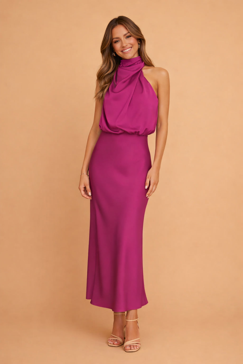 Robe midi col montant drapé róża przybrudzona pour femme