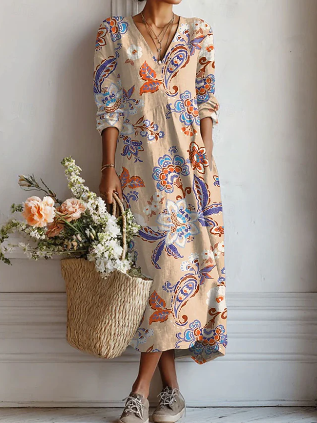 Robe midi col V imprimé floral beige fleuri pour femme