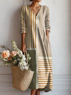 Robe midi col V imprimé floral beige rayé pour femme