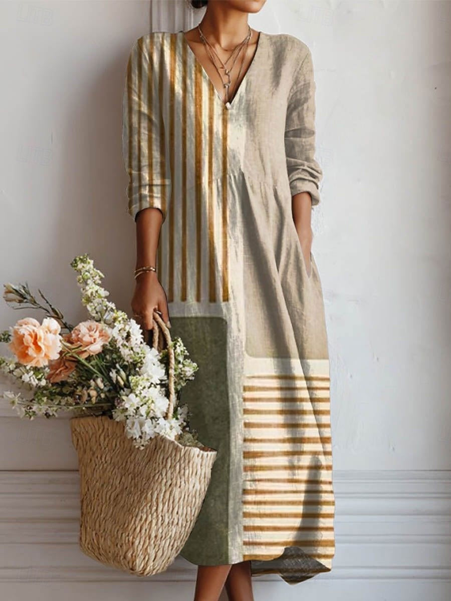 Robe midi col V imprimé floral beige rayé pour femme