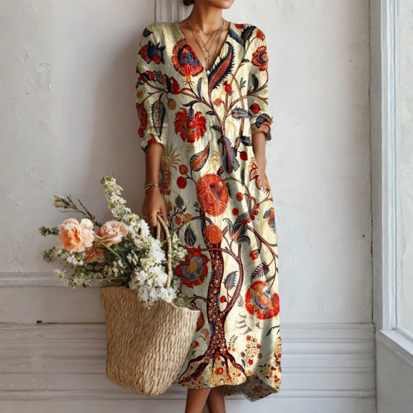 Robe midi col V imprimé floral blanc pour femme