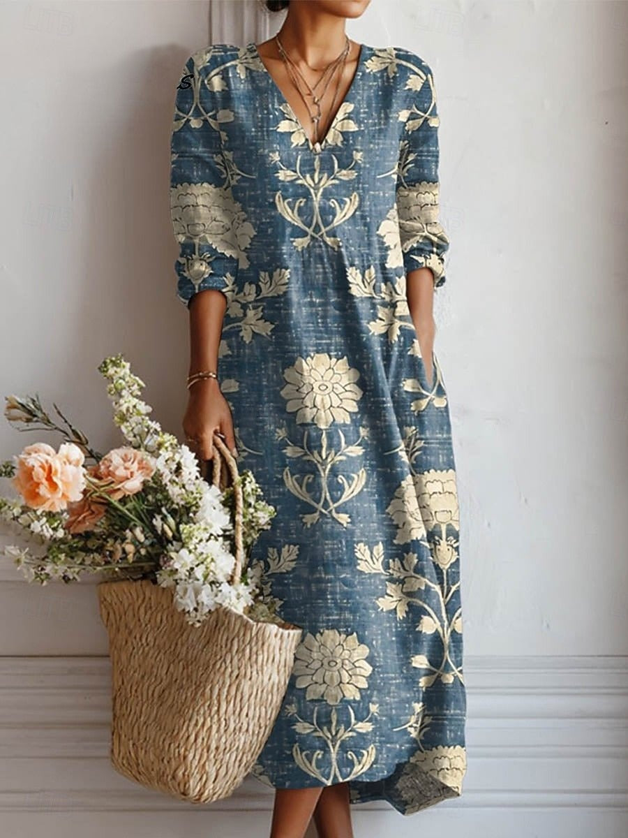 Robe midi col V imprimé floral bleu pour femme