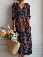 Robe midi col V imprimé floral bleu pour femme – vue 3