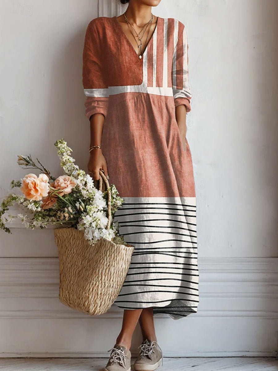 Robe midi col V imprimé floral corail rayé pour femme