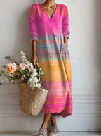 Robe midi col V imprimé floral fuchsia multicolore pour femme