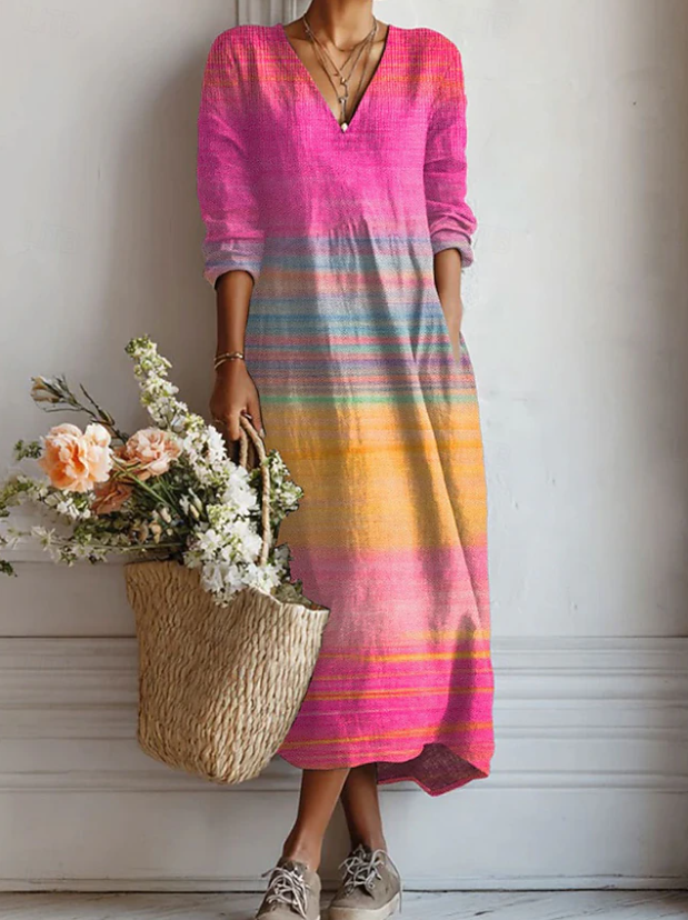 Robe midi col V imprimé floral fuchsia multicolore pour femme