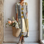 Robe midi col V imprimé floral gris beige rayé pour femme